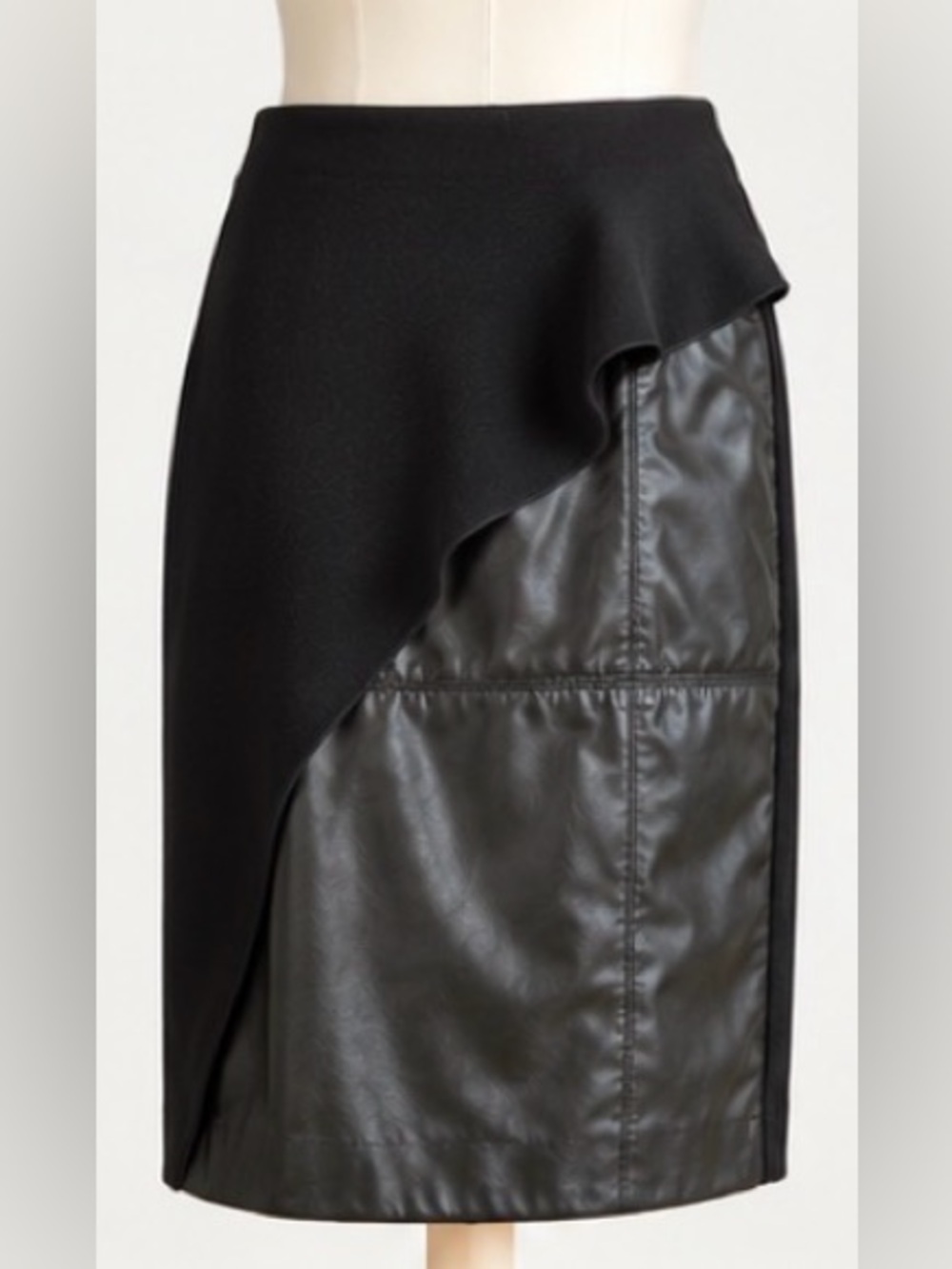 [Tricot Chic] Black Draped Leather-Look Pencil Skirt IT 44 NWT